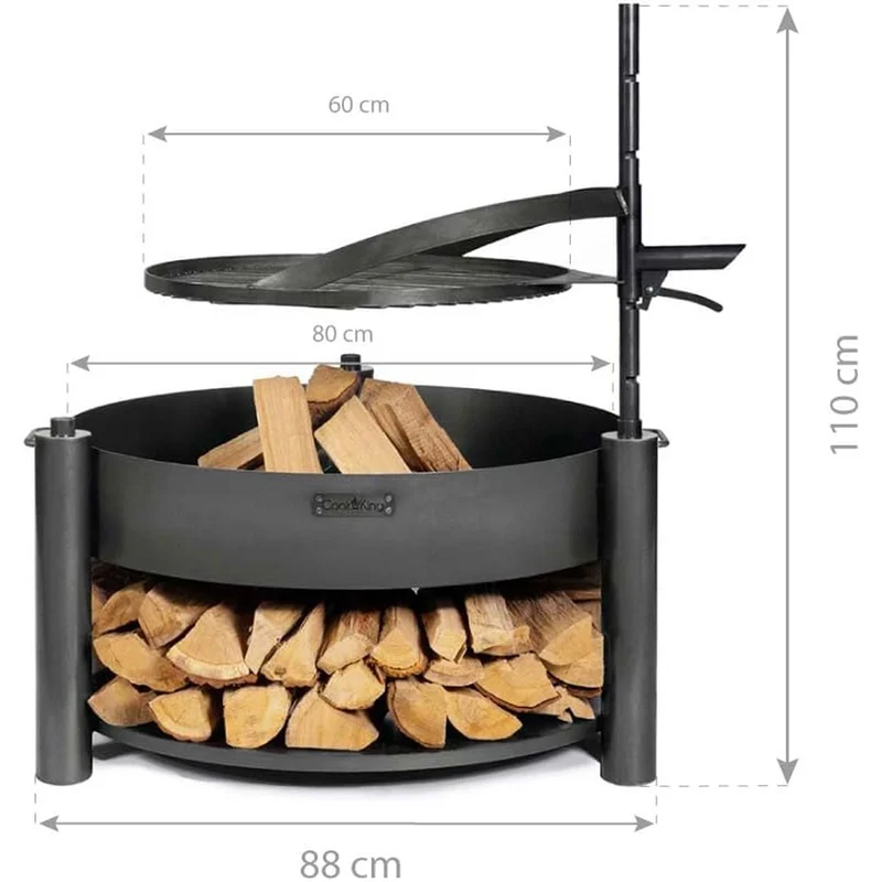 Cook King MONTANA X – Brasero extérieur en acier avec grille réglable, range-bûches, Ø 80 cm
