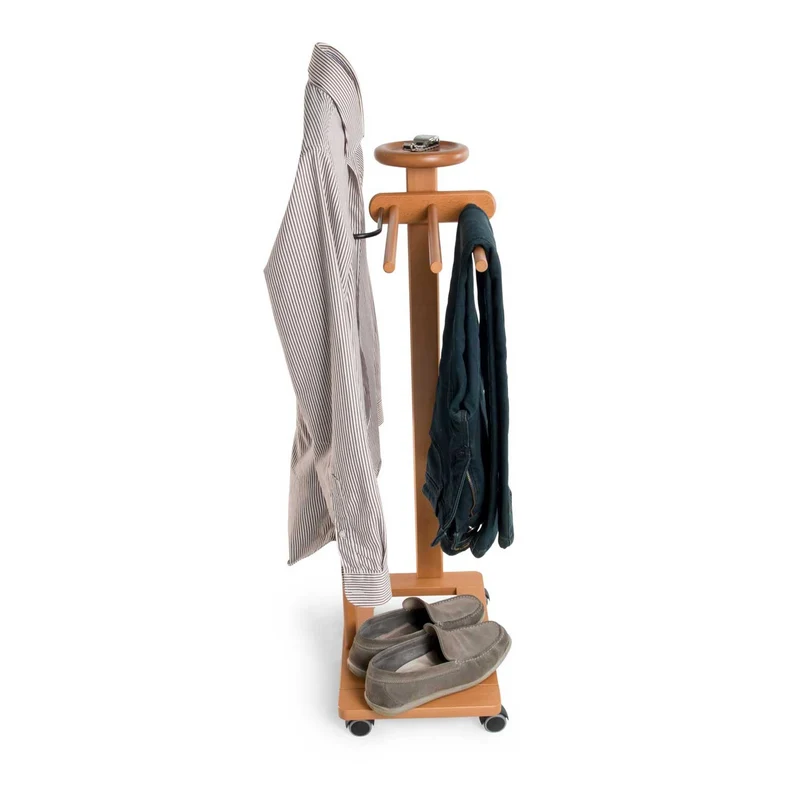 ARIT Antimo – Valet de chambre en hêtre, cintre, 3 porte-pantalons, tablette de rangement, roulettes, couleur cerisier