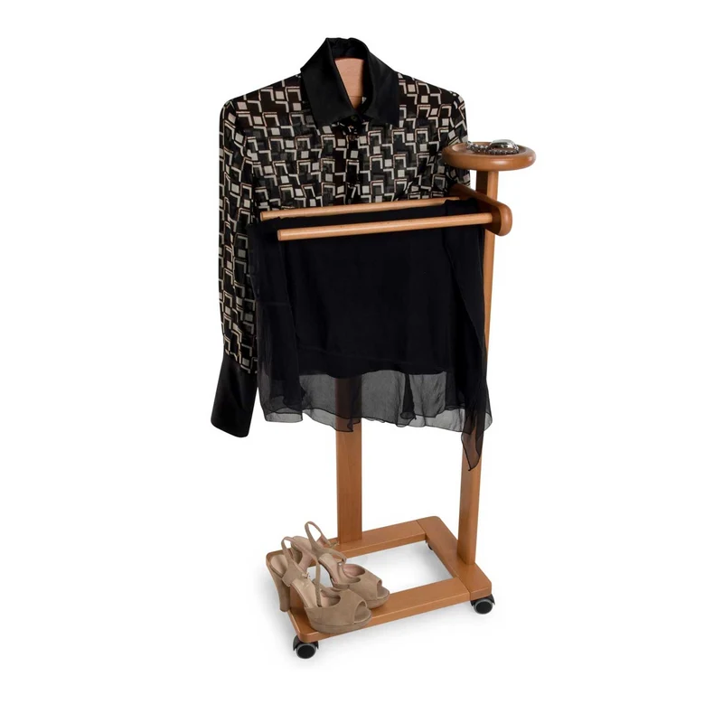 ARIT Antimo – Valet de chambre en hêtre, cintre, 3 porte-pantalons, tablette de rangement, roulettes, couleur cerisier