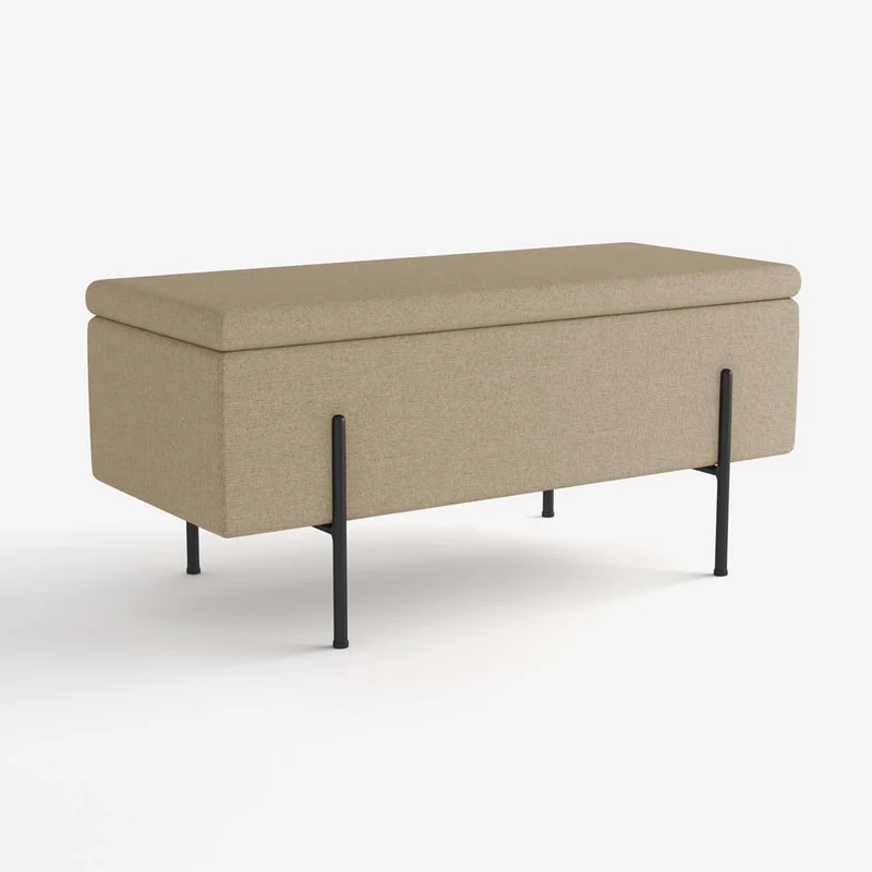 Banquette-coffre beige en bois, m tal et tissu