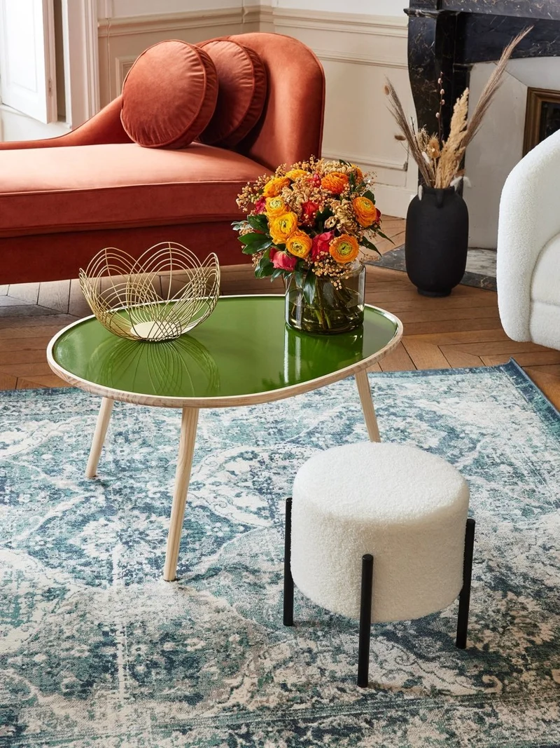 Table basse en bois et peinture céramique vert kaki