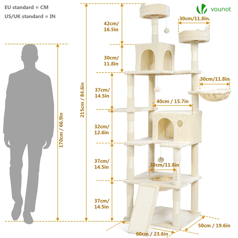 Arbre a chat Geant 6 niveaux avec griffoir grattoir 215 cm beige