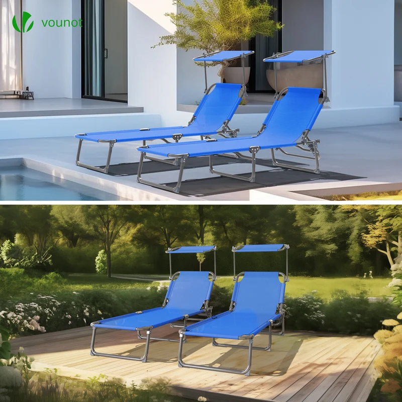 Transat pare soleil Textilene et range magazine Lot de 2 pcs Bleu