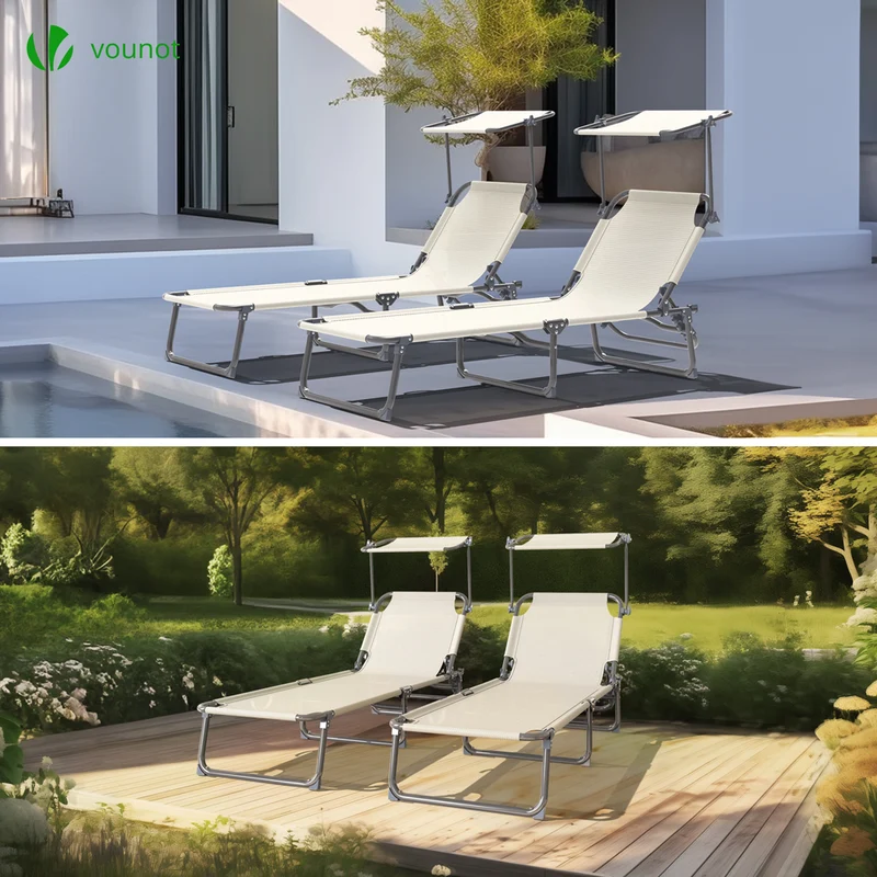 Transat pare soleil Textilene et range magazine Lot de 2 pcs Beige
