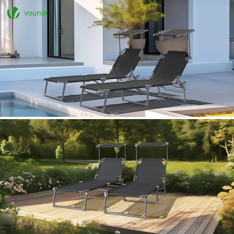Transat pare soleil Textilene et range magazine Lot de 2 pcs Noir
