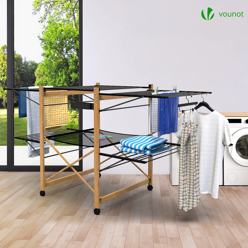 Sechoir a linge etendoir deluxe pliable Grande capacite sechage style bois noir
