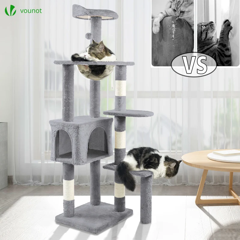 Arbre à Chat 138cm avec Griffoir Plateforme Niche et Capsule Spatiale gris