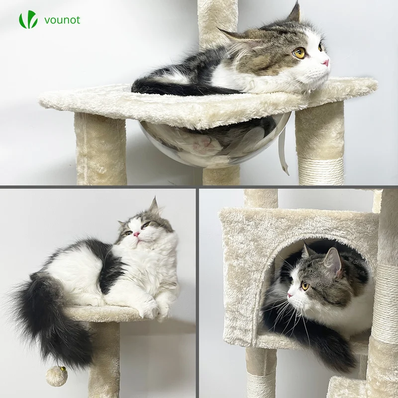 Arbre à Chat 138cm avec Griffoir Plateforme Niche et Capsule Spatiale beige