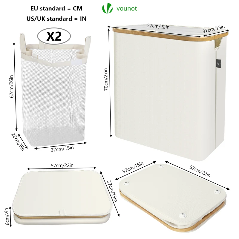 Panier a linge pliable 145L avec sac intérieur cadre bambou et couvercle beige