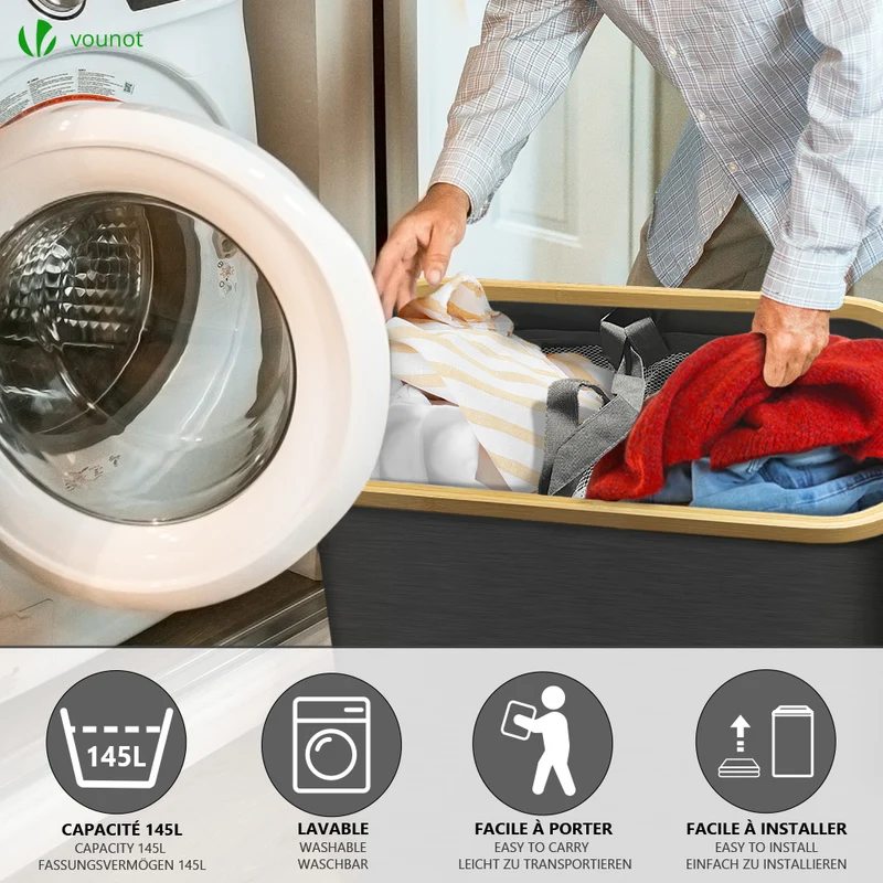 Panier a linge pliable 145L avec sac intérieur cadre bambou et couvercle gris