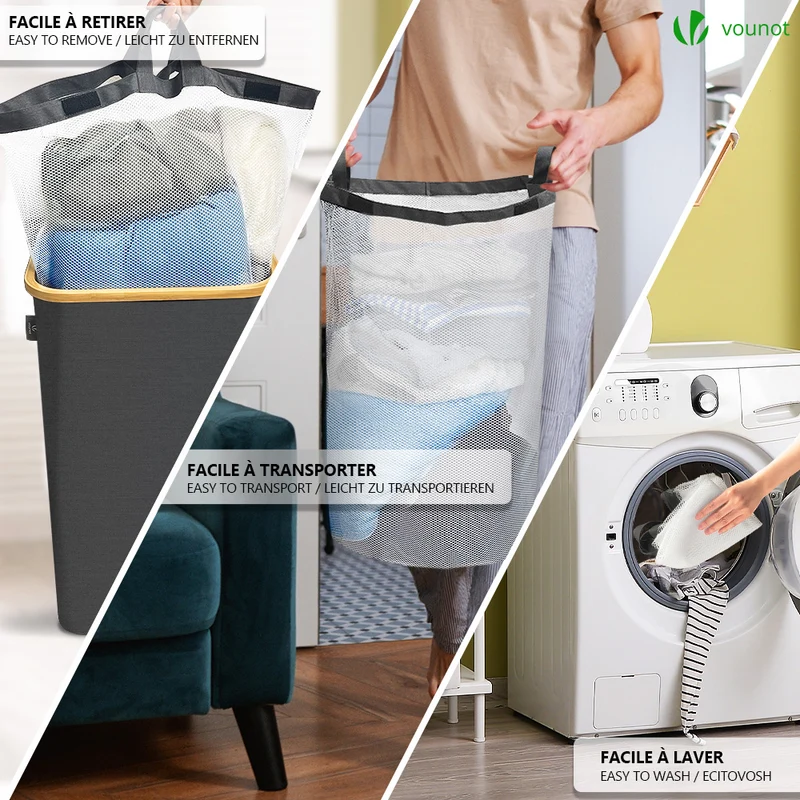 Panier a linge pliable 100L avec sac intérieur cadre bambou et couvercle gris
