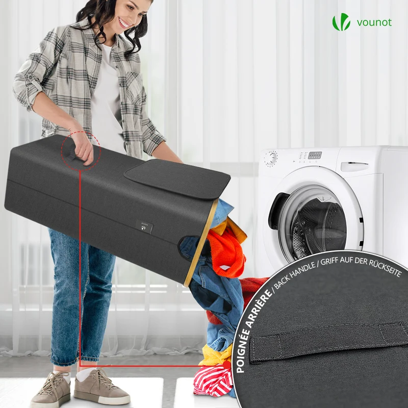 Panier a linge pliable 100L avec sac intérieur cadre bambou et couvercle gris