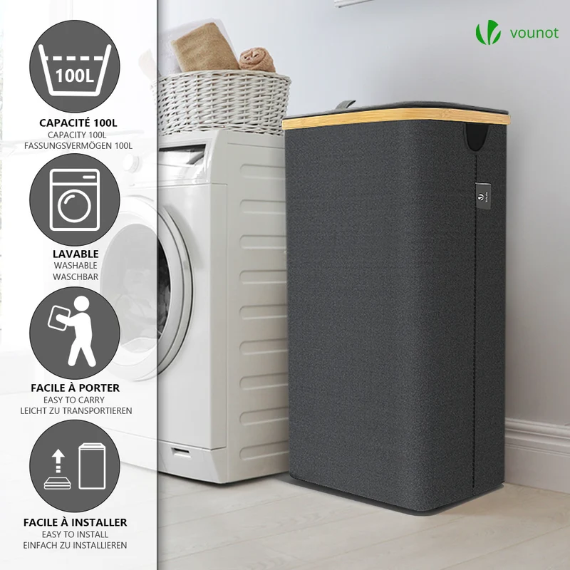 Panier a linge pliable 100L avec sac intérieur cadre bambou et couvercle gris