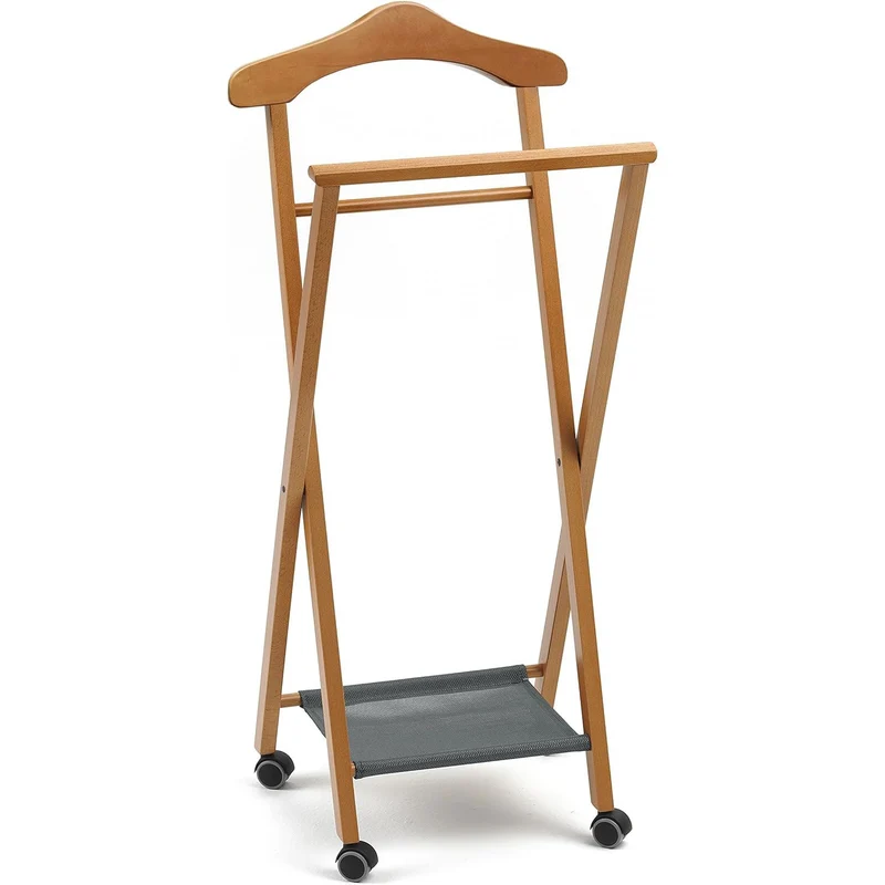 ARIT - Valet de Nuit NELSON, Valet de Chambre Bois, Pliable, Composée Cintre, Porte-Pantalon et Tablette à Chaussures en Textilène - Couleur Cerise