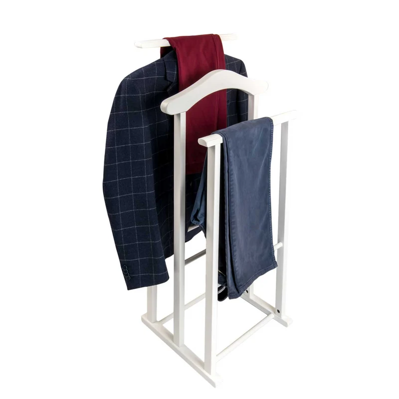 ARIT MAXI - Chevalet Vetement, Valet de Chambre Bois, composé de 2 cintres et de 2 porte-pantalons, pieds en caoutchouc à la base, Couleur Blanc