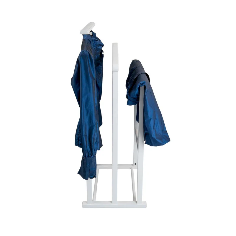 ARIT MAXI - Chevalet Vetement, Valet de Chambre Bois, composé de 2 cintres et de 2 porte-pantalons, pieds en caoutchouc à la base, Couleur Blanc