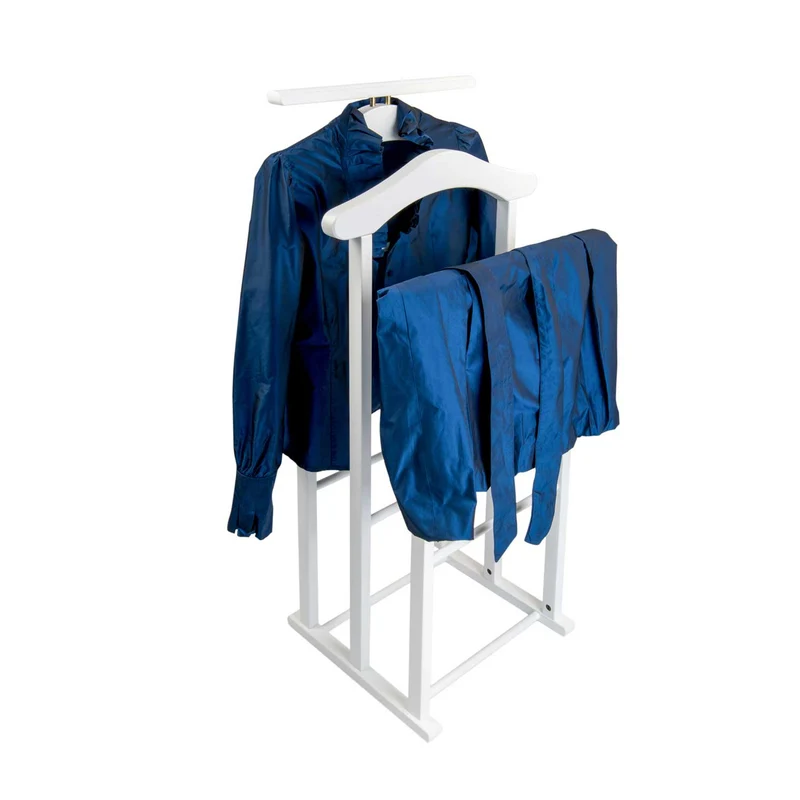 ARIT MAXI - Chevalet Vetement, Valet de Chambre Bois, composé de 2 cintres et de 2 porte-pantalons, pieds en caoutchouc à la base, Couleur Blanc