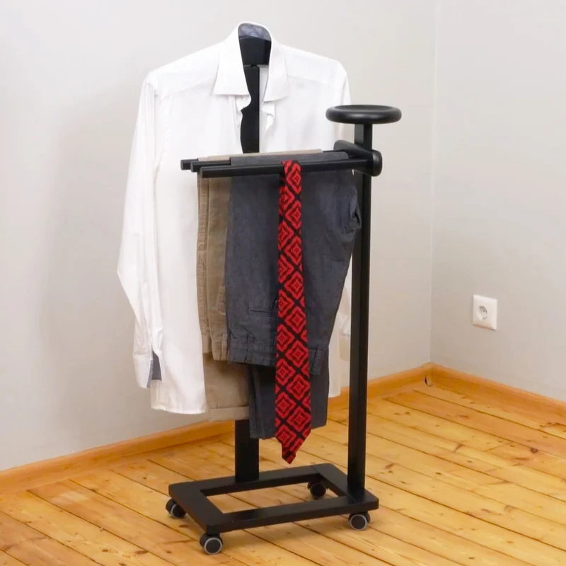 ARIT ANTIMO - Valet de Chambre, Valet de Nuit, Valet de Chambre Bois, Composé d'un cintre, de 3 porte-pantalons et d'une tablette de rangement, Noir