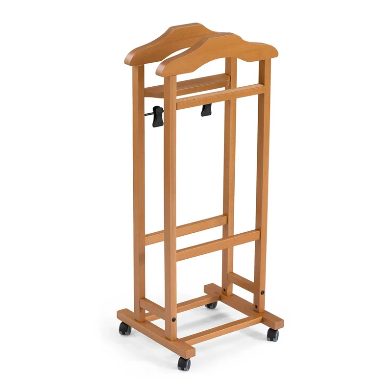 ARIT MIXER - Chevalet Vetement, Valet de Chambre Bois, Composé de 2 Cintres, Porte-Pantalon, Tablette de Rangement et Porte-Jupes, Couleur Cerise