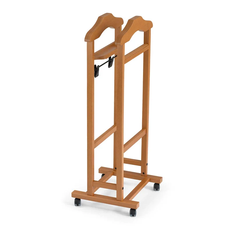 ARIT MIXER - Chevalet Vetement, Valet de Chambre Bois, Composé de 2 Cintres, Porte-Pantalon, Tablette de Rangement et Porte-Jupes, Couleur Cerise