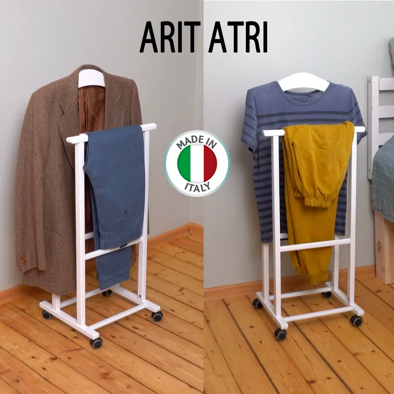 ARIT ATRI - Valet de Chambre, sur Roulettes, Valet de Nuit, Bois de Hêtre, Fabriquée en Italie, Porte-Vêtements, Valet Vetement, Couleur Blanc