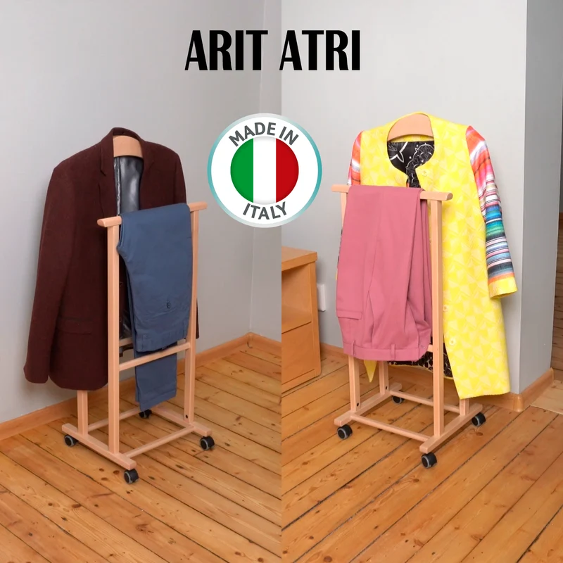 ARIT ATRI - Valet de chambre sur roulettes, valet de nuit en bois de hêtre, fabriqué en Italie, porte-vêtements, couleur naturelle
