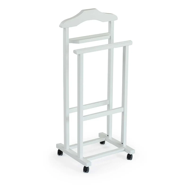 ARIT - Valet de Nuit MIRANO, Valet de Chambre Bois, Composé d'un cintre, d'un porte-pantalon et d'une tablette de rangement - Couleur blanche