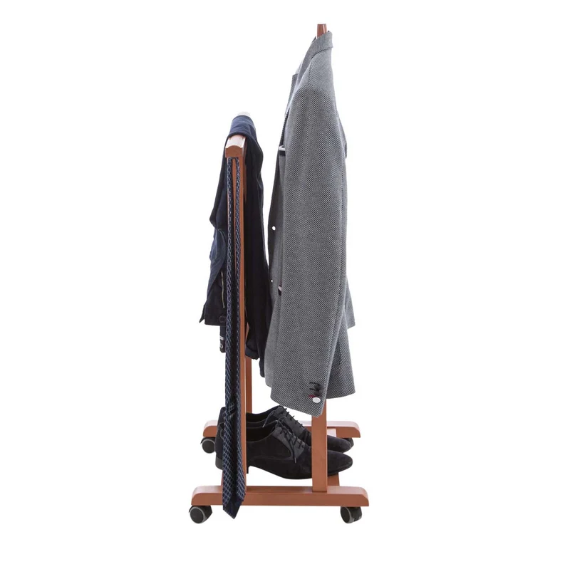 ARIT Mirano – Valet de chambre en hêtre massif avec cintre, porte-pantalon, tablette et roulettes, couleur cerisier