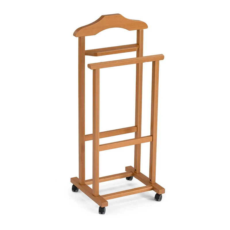 ARIT Mirano – Valet de chambre en hêtre massif avec cintre, porte-pantalon, tablette et roulettes, couleur cerisier