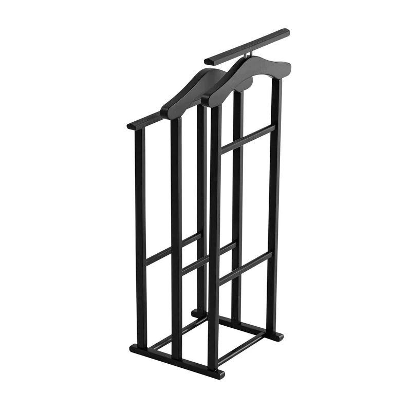 ARIT MAXI - Chevalet Vetement, Valet de Chambre Bois, composé de 2 cintres et de 2 porte-pantalons, pieds en caoutchouc à la base - Couleur noir