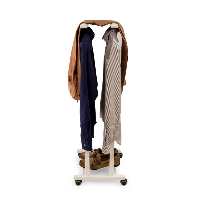 ARIT - Valet de Nuit CLEVER, Valet de Chambre Bois, Composé de 2 cintres et de 2 porte-pantalons, pieds en caoutchouc à la base - Couleur blanche