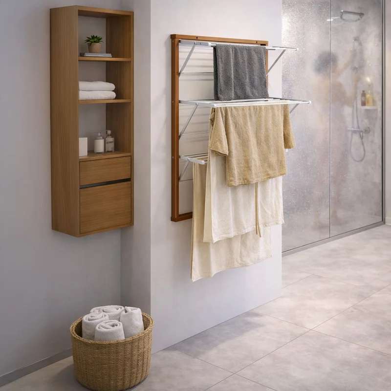 ARIT Karim – Étendoir à linge mural pliable, 15 m d’étendage, hêtre massif et aluminium, fabriqué en Italie