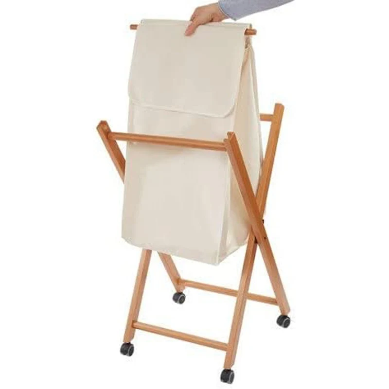 ARIT BANNY - Panier à Linge sur Roulette, Panier à Linge Pliable, Panier Linge Bois, avec Sac Extractible et Roues Pivotantes, Couleur cerise