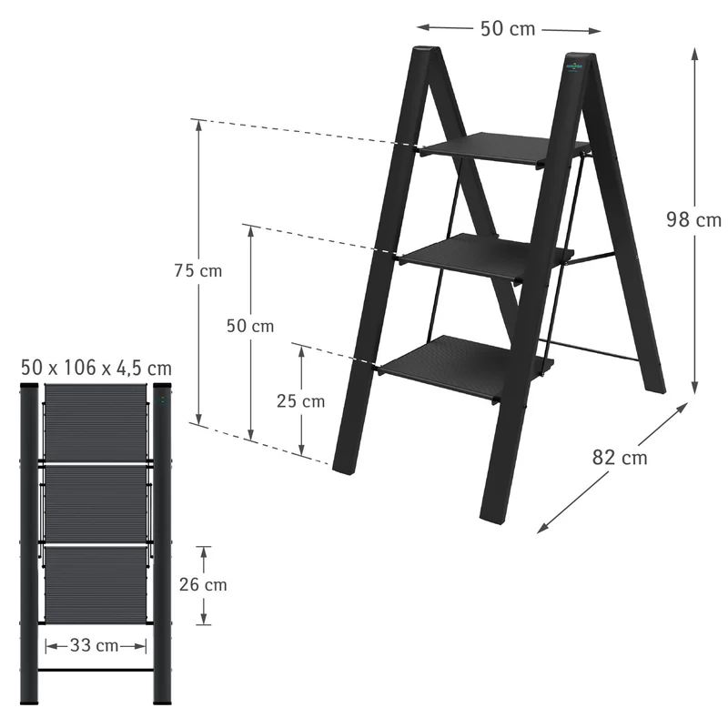 Colombo Leonardo 3 – Escabeau pliable 3 marches antidérapantes, aluminium noir, jusqu’à 150 kg