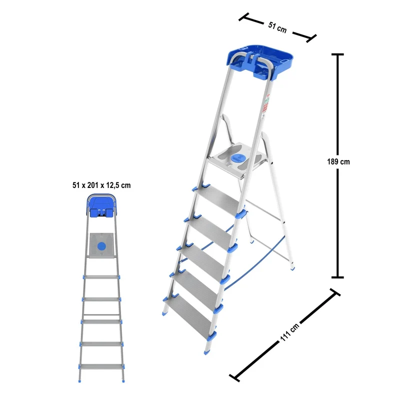 Colombo ATLANTICA - Escabeau, 6 marches, Escabeau Sécurisé, Pliable, marche extra large 12cm, avec bac de rangement, charge max. 150kg, aluminium