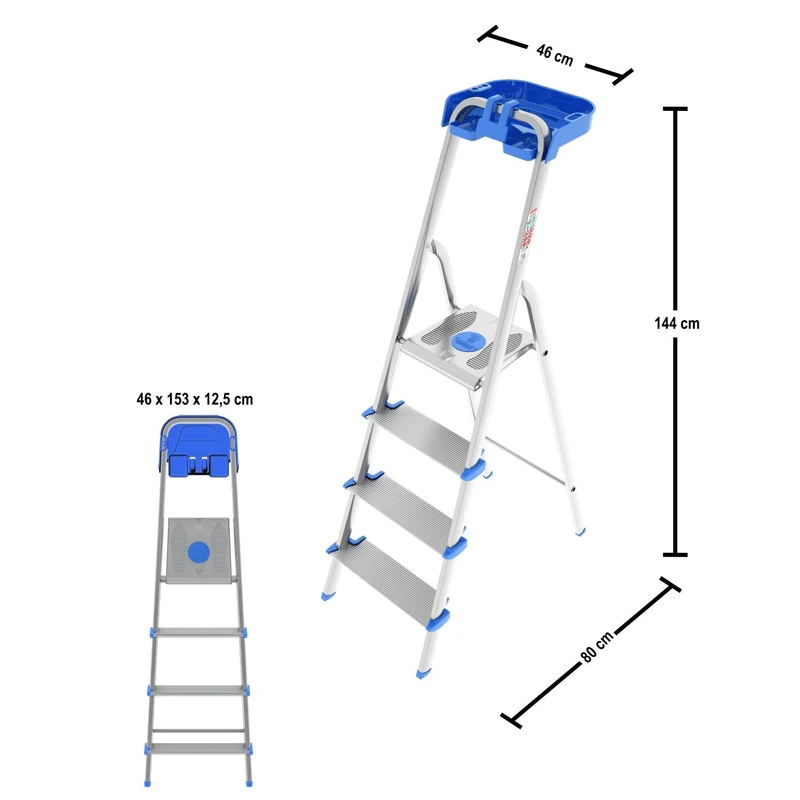 Colombo ATLANTICA - Escabeau pliable 4 marches extra-larges de 12 cm, plateau porte-outils, charge maximale de 150 kg, aluminium