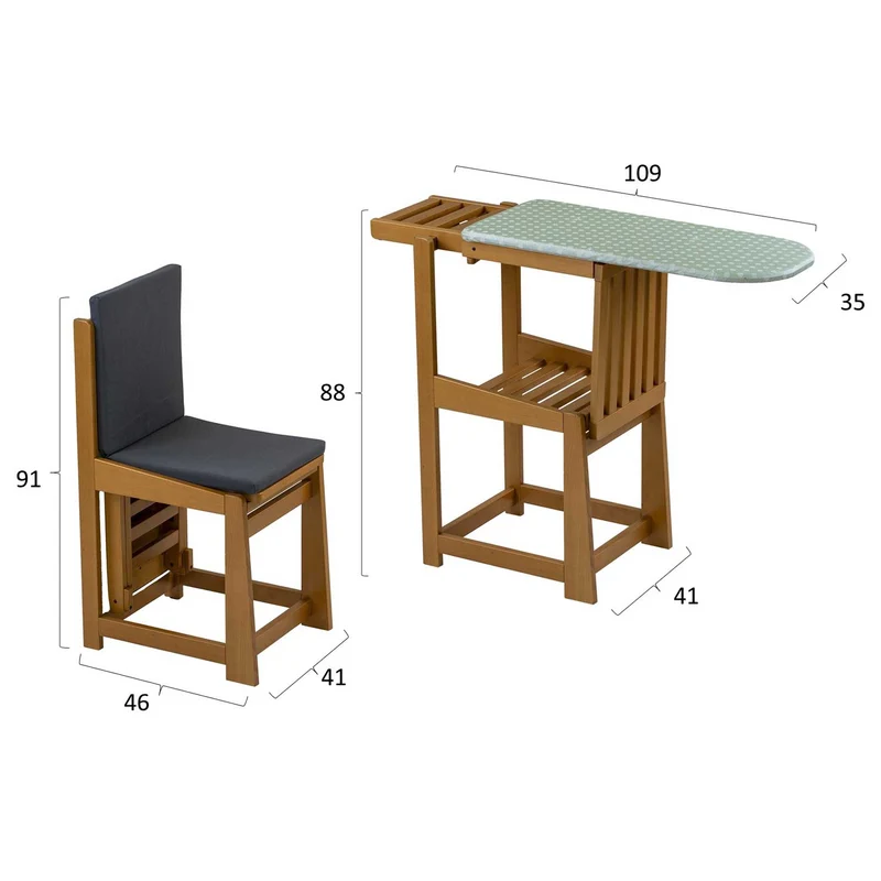 ARIT SINFONIA - Table à Repasser Chaise, 2-en-1, Planche à repasser, Surface active 81x35 cm, Support pour fer à repasser, Coussin, en Bois, Cerisier