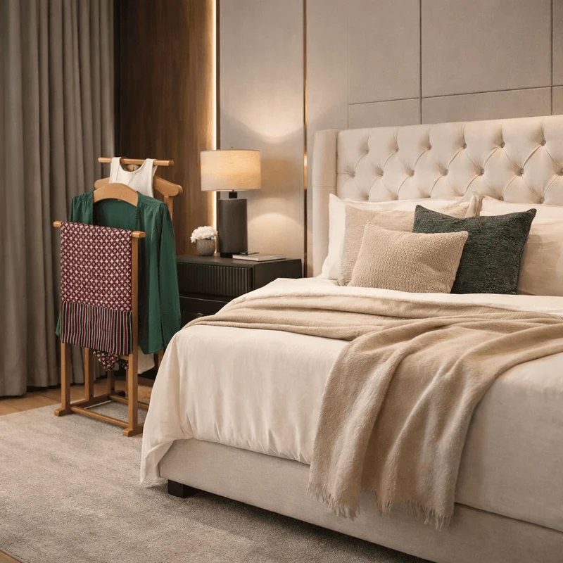 Tatkraft Duke - Valet de Chambre, Fabriqué en Italie, Valet de Chambre Bois, 2 cintres et de 2 barres, 43x35x102 cm, Chevalet vetement, Merisier