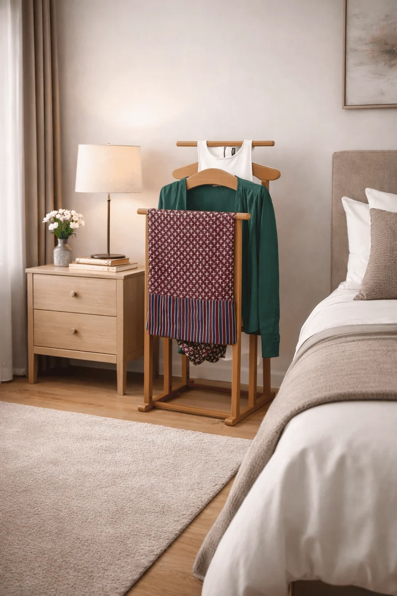 Tatkraft Duke - Valet de Chambre, Fabriqué en Italie, Valet de Chambre Bois, 2 cintres et de 2 barres, 43x35x102 cm, Chevalet vetement, Merisier