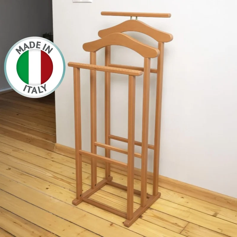 Tatkraft Duke - Valet de Chambre, Fabriqué en Italie, Valet de Chambre Bois, 2 cintres et de 2 barres, 43x35x102 cm, Chevalet vetement, Merisier