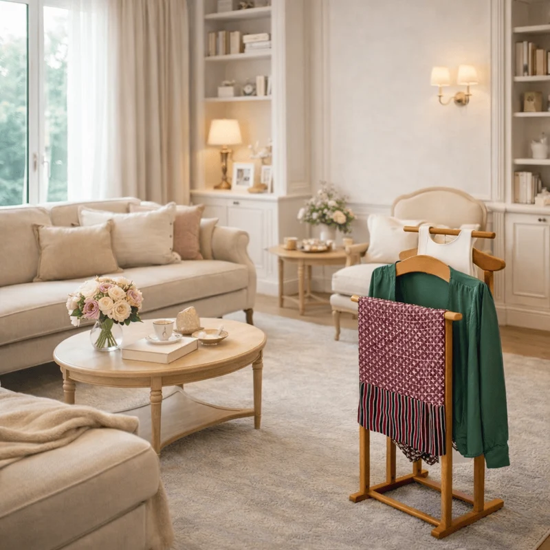 Tatkraft Duke - Valet de Chambre, Fabriqué en Italie, Valet de Chambre Bois, 2 cintres et de 2 barres, 43x35x102 cm, Chevalet vetement, Merisier