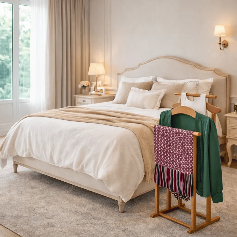 Tatkraft Duke - Valet de Chambre, Fabriqué en Italie, Valet de Chambre Bois, 2 cintres et de 2 barres, 43x35x102 cm, Chevalet vetement, Merisier