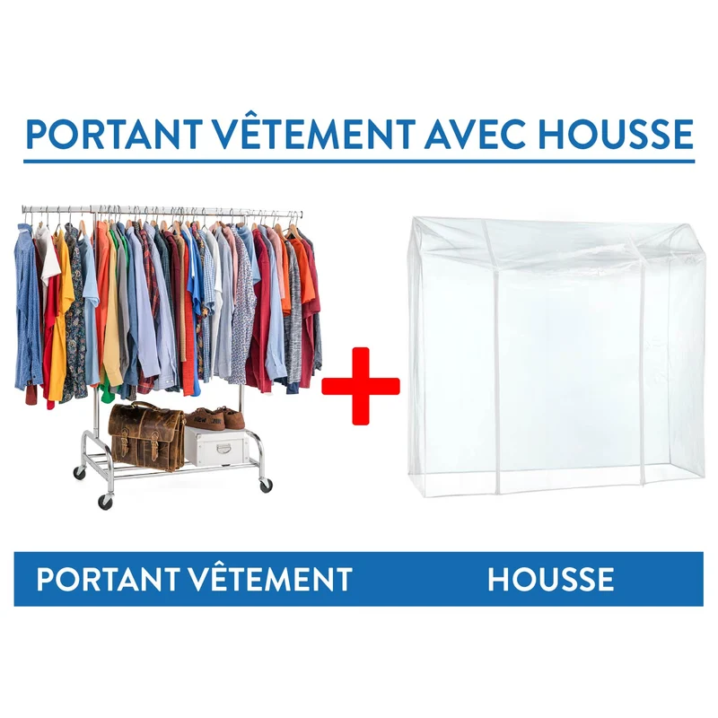 Tatkraft Tiger & Defender - Portant Vêtement Solide avec Housse, Charge jusqu’à 100kg Portant a Roulette, avec Étagère, 92–160x50x147cm, Acier Сhromé