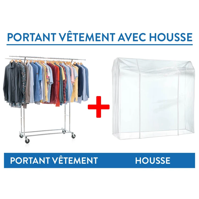 Tatkraft Denver & Safe – Portant à vêtements professionnel pliable sur roulettes, avec housse transparente, double tringle, charge maximale de 110 kg