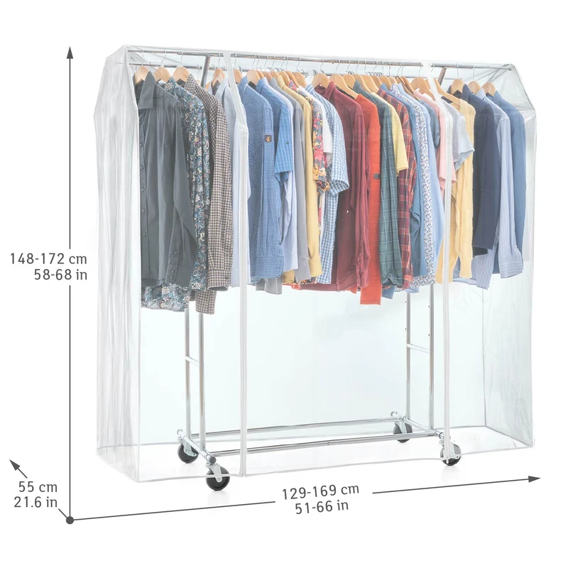 Tatkraft Denver & Safe – Portant à vêtements professionnel pliable sur roulettes, avec housse transparente, double tringle, charge maximale de 110 kg
