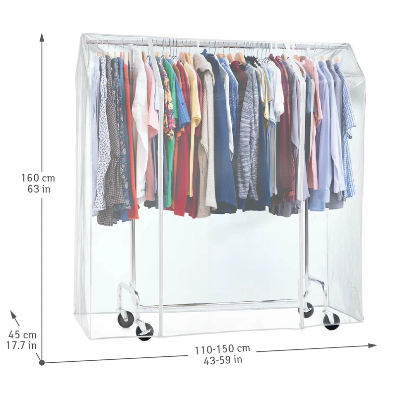 Tatkraft Didrik & Schild – Portant à vêtements solide avec housse imperméable transparente, sur roulettes, jusqu’à 130 kg, réglable de 110 à 150 cm