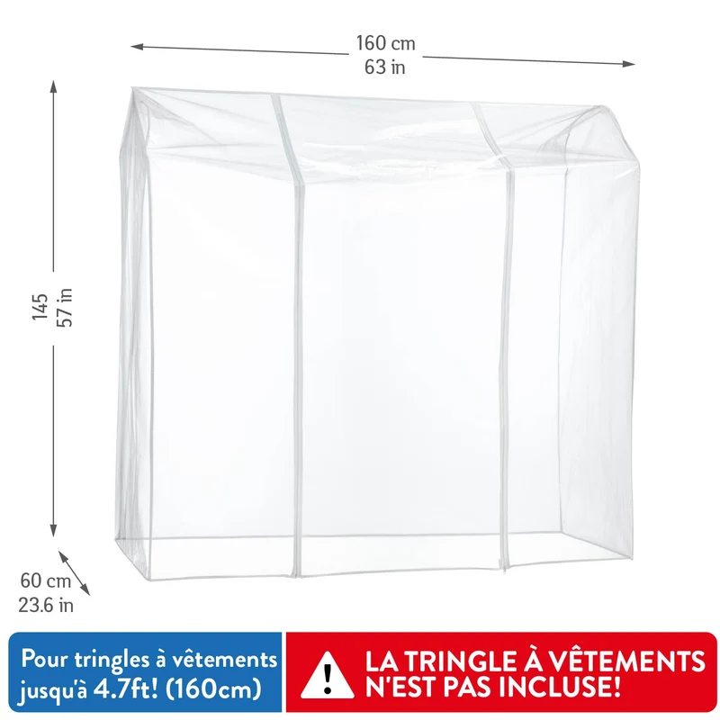 Tatkraft Defender – Housse transparente imperméable en polyéthylène pour portant à vêtements, 160 × 60 × 145 cm, 2 fermetures éclair, protection contre la poussière et les UV