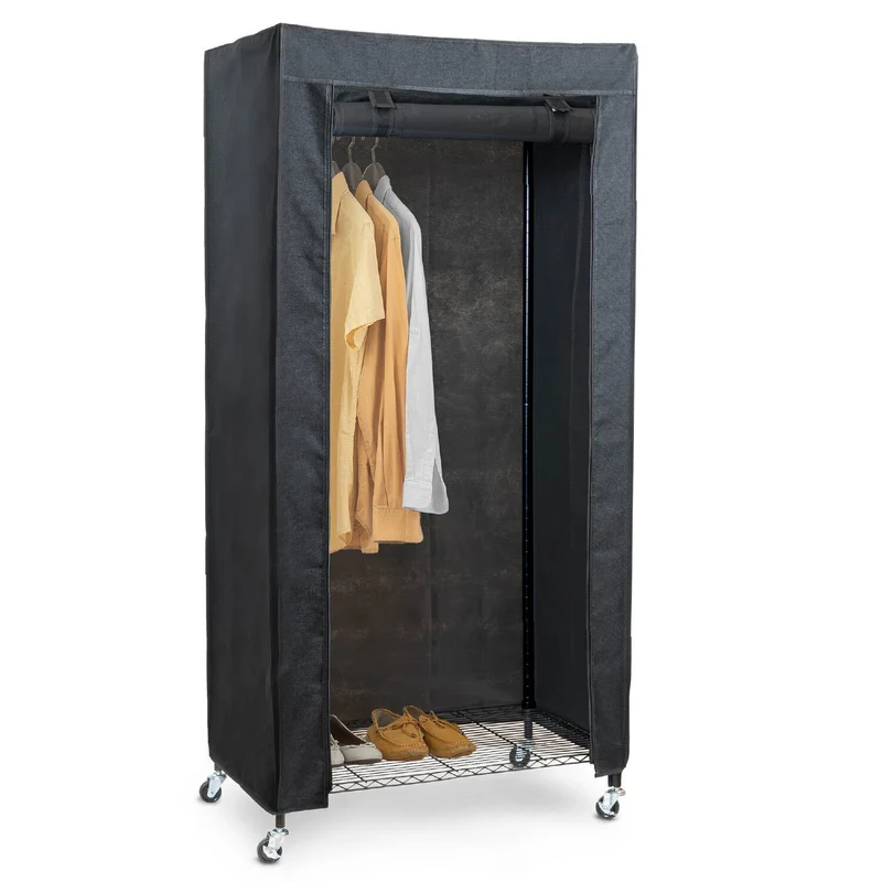 art moon Buffalo – Penderie en tissu sur roulettes avec 2 étagères et barre, jusqu’à 70 kg, 75 × 45 × 156,5 cm, aspect lin noir
