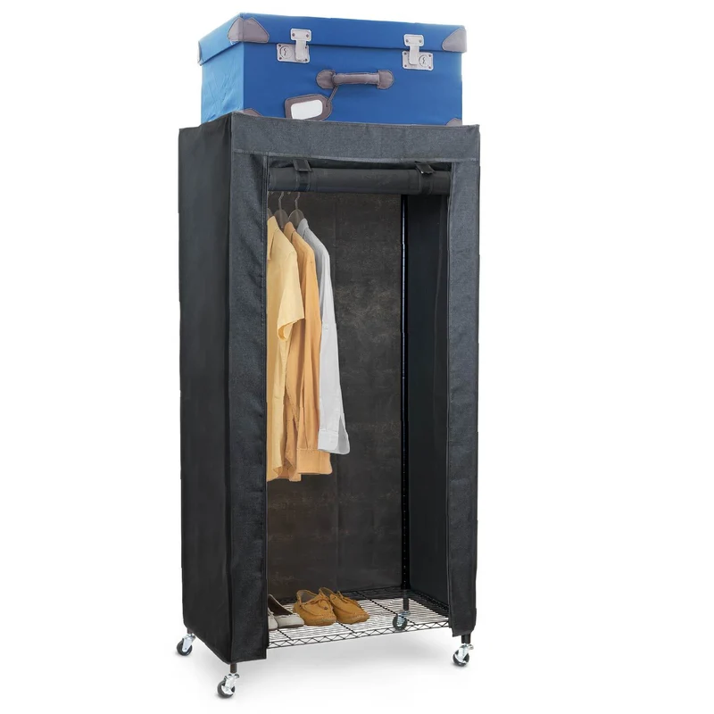 art moon Buffalo – Penderie en tissu sur roulettes avec 2 étagères et barre, jusqu’à 70 kg, 75 × 45 × 156,5 cm, aspect lin noir