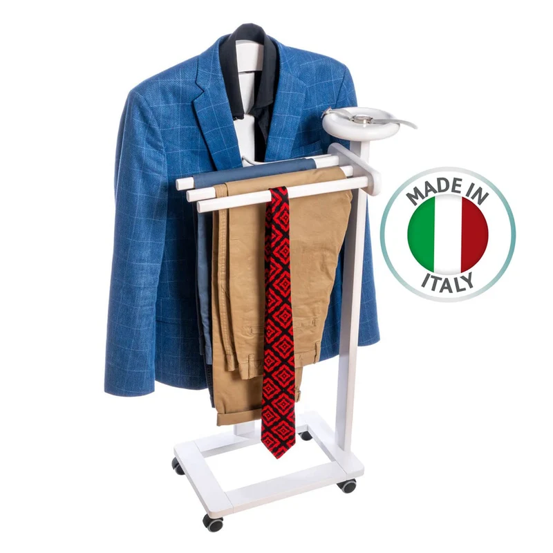 Tatkraft Graf – Valet de chambre en hêtre avec cintre, 3 porte-pantalons, tablette et roulettes, blanc